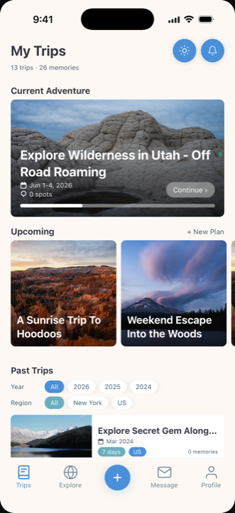 My Trips screen with current, upcoming and past journeys