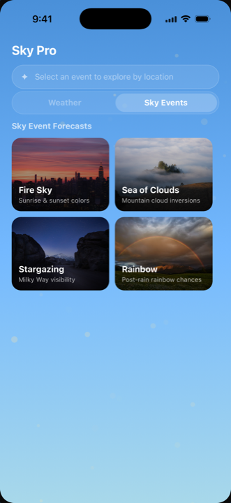 Sky Pro sky-event forecasts including fire sky, sea of clouds and stargazing