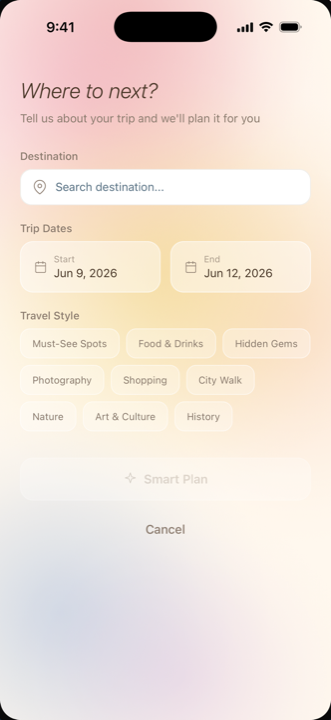 AI trip planner asking where to next, with travel style options